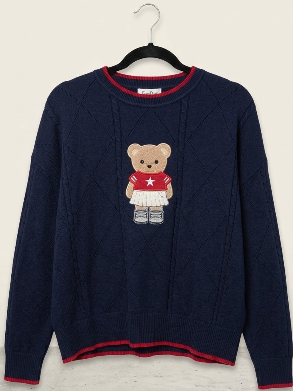 Faded rose viral tennis girl Navy Teddy bear Appliqué Crewneck Sweater medium M